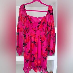 Betsey Johnson blooming roses hot pink chiffon dress! Sheer sleeves Stunning!